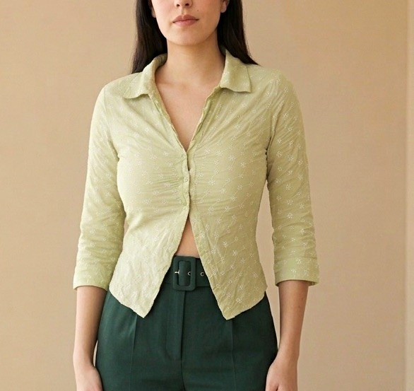 Women’s Green Embroidered Collared 3/4 Sleeve Blouse Size S cotton from India
