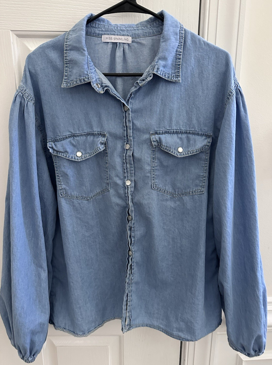 Miss Sparkling Blue Denim Puff Sleeves Pearl Snap Western Cowgirl Shirt