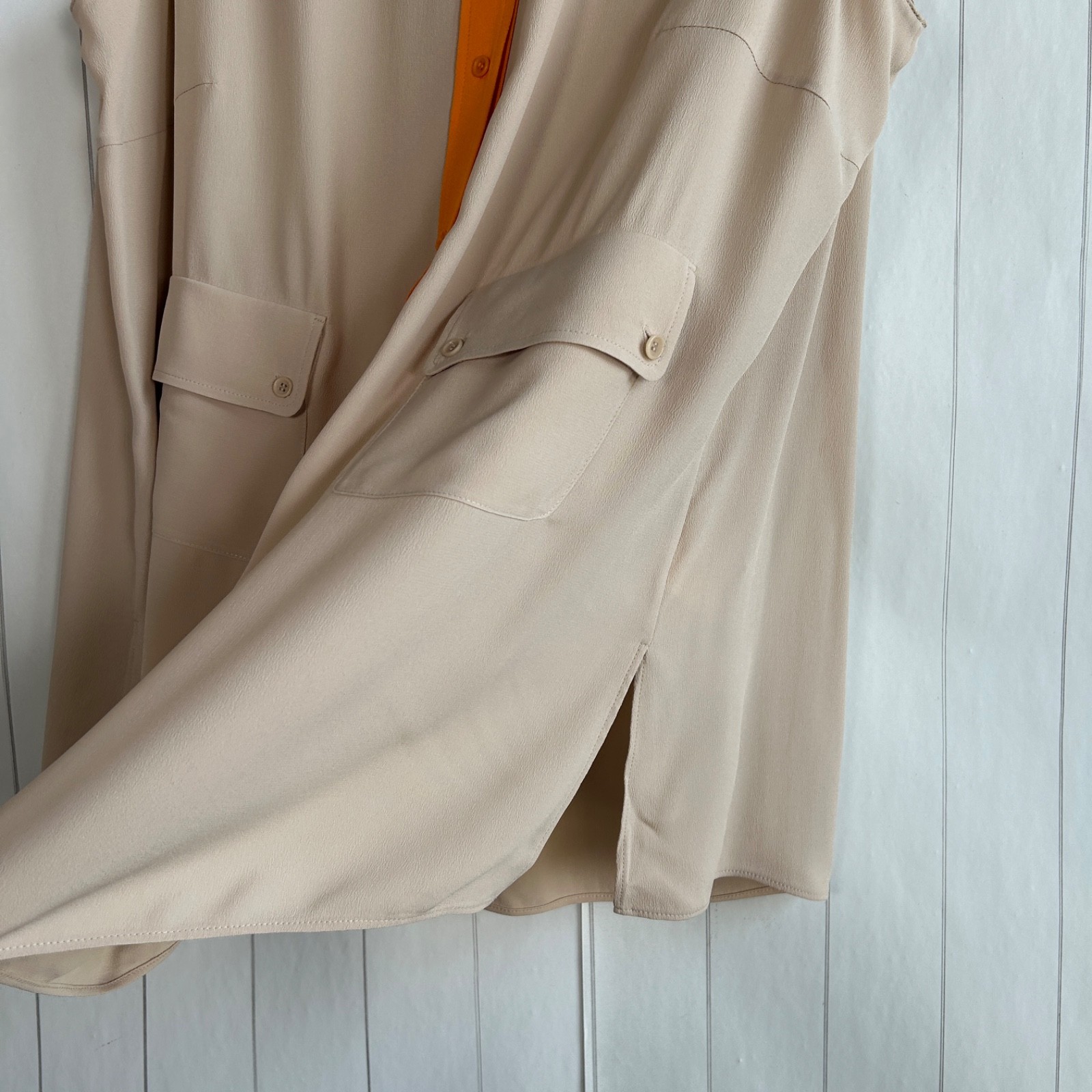 Akris Punto size 14 blouse top sleeveless silk blend beige orange w pockets