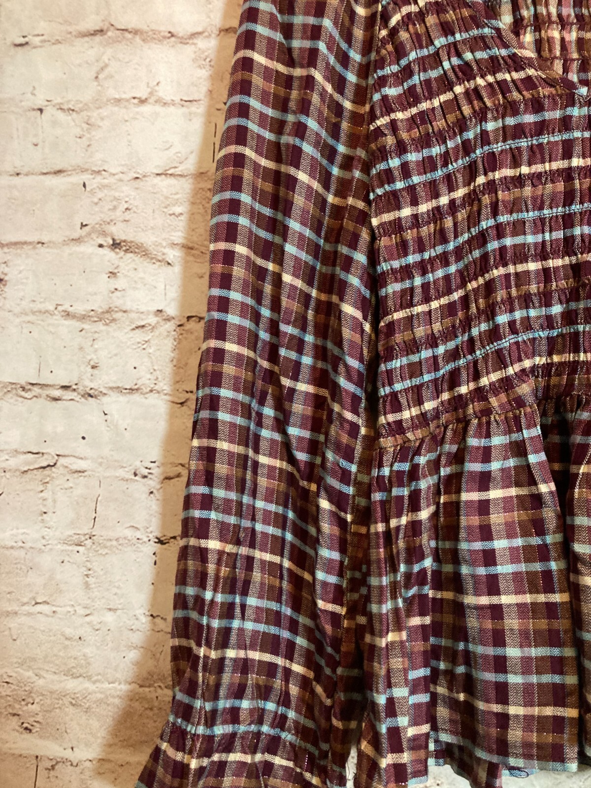Cato Babydoll Top Womens Medium Maroon Red Plaid Smocked Flared Sleeve Flowy