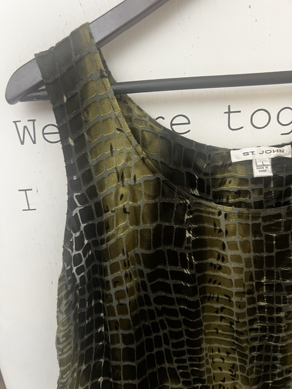 St John Womens L Silk Blend Burnout Tank Top Olive Green Crocodile Print Blouse
