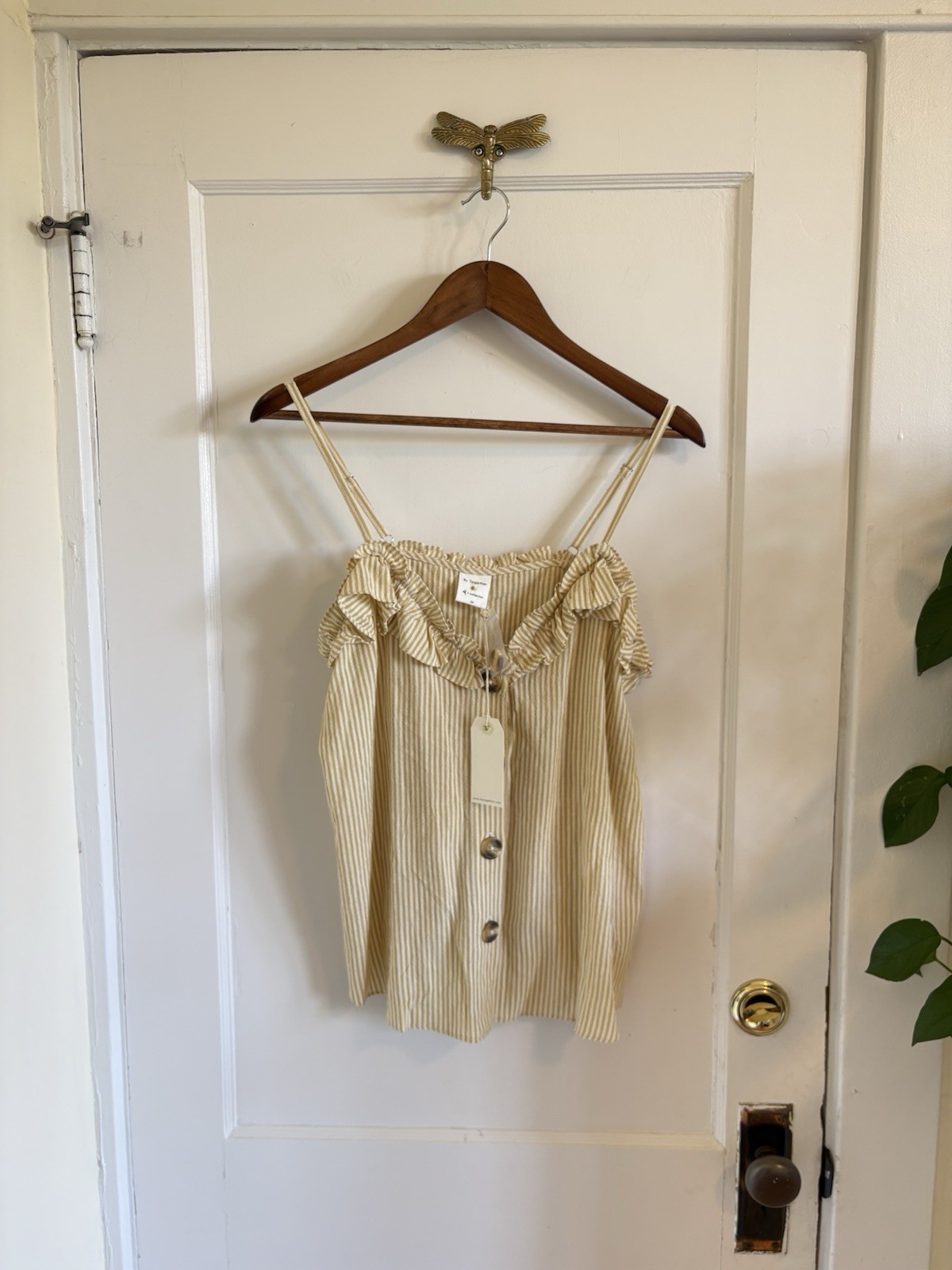 By Together Cream Striped Ruffle Button-Front Tank Medium