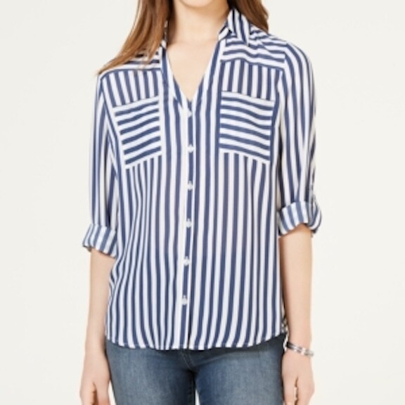 BCX Juniors Medium Button Front Shirt Blue White Stripe V-Neck Pockets Roll Tab