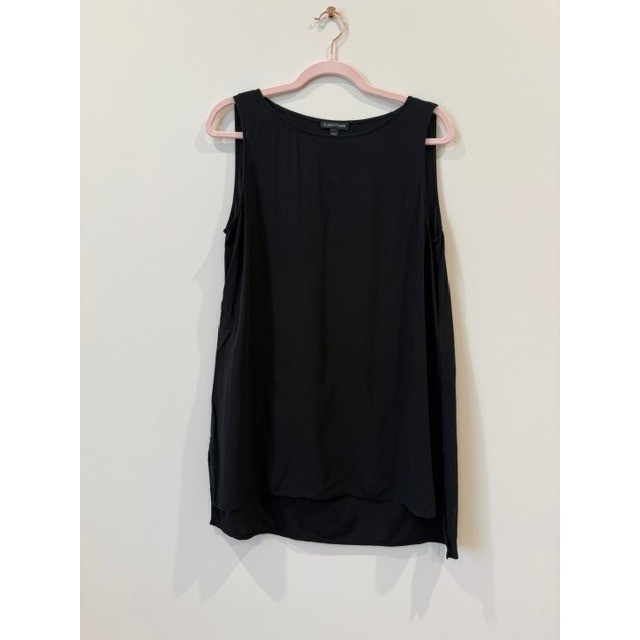 Eileen Fisher System Black Silk Georgette Bateau Neck Tank Stepped Hem | Size S