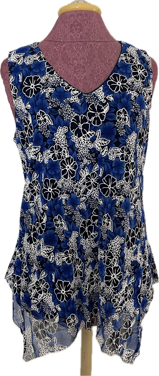 Espresso Women’s L Blue White Floral Sleeveless Tunic Asymmetrical Hem