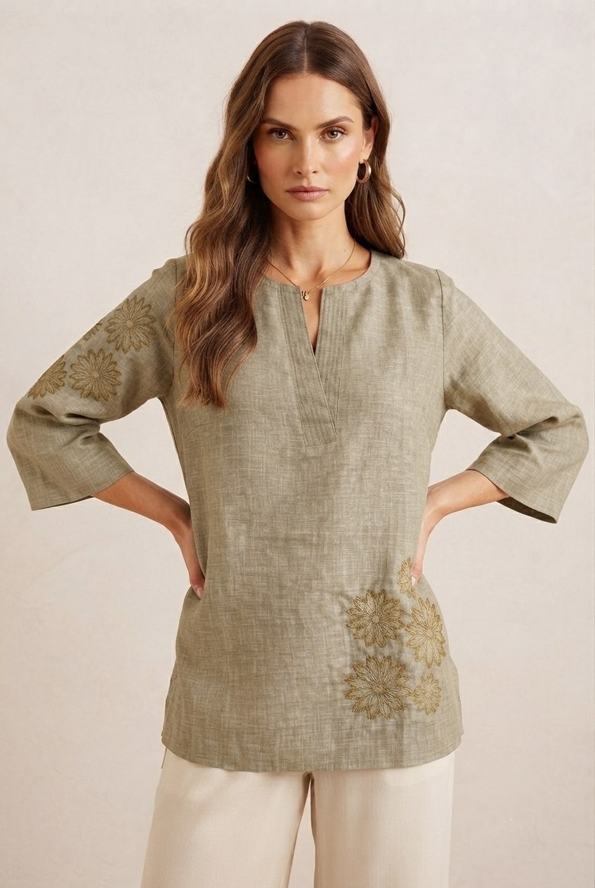 Women Olive Green Linen Cotton Embroidered Top 3/4 Sleeve Floral Tunic
