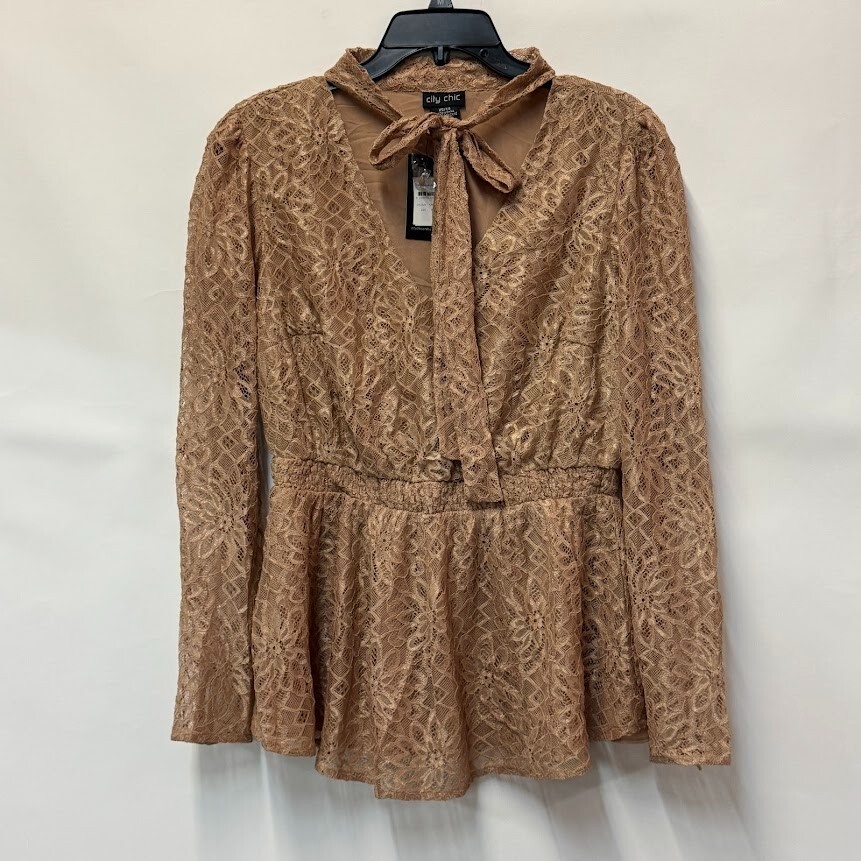 City Chic Womens Plus XS 14 Caramel Tan Lace Tie Neck Long Sleeve Top NWT CZ66