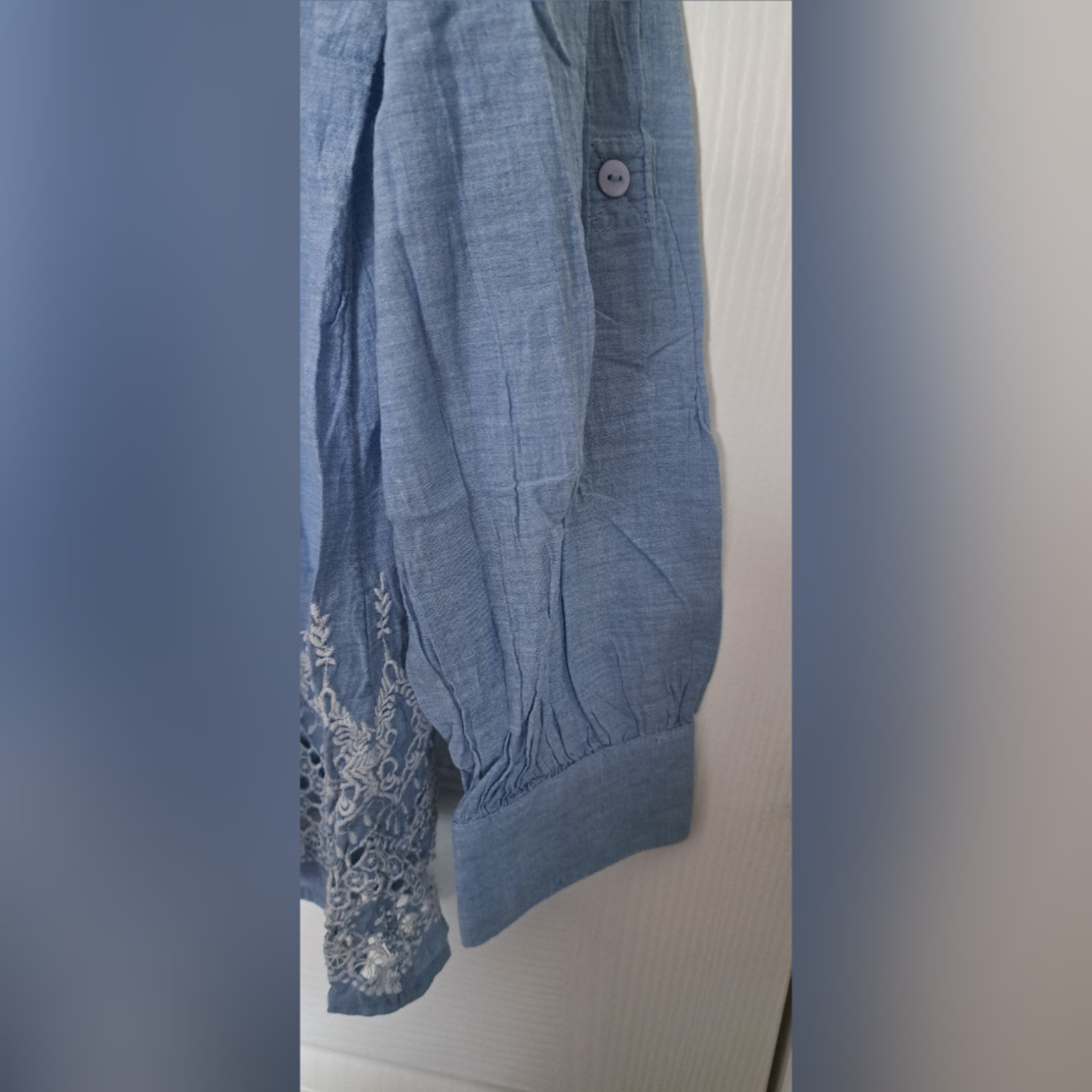 Style & Co Light Blue Embroidered Hem Popover Top Blouse Cotton Size XL