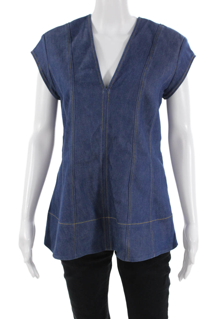 Derek Lam, Womens Tunic Blouse Dark Blue V-Neck Sleeveless Size 4