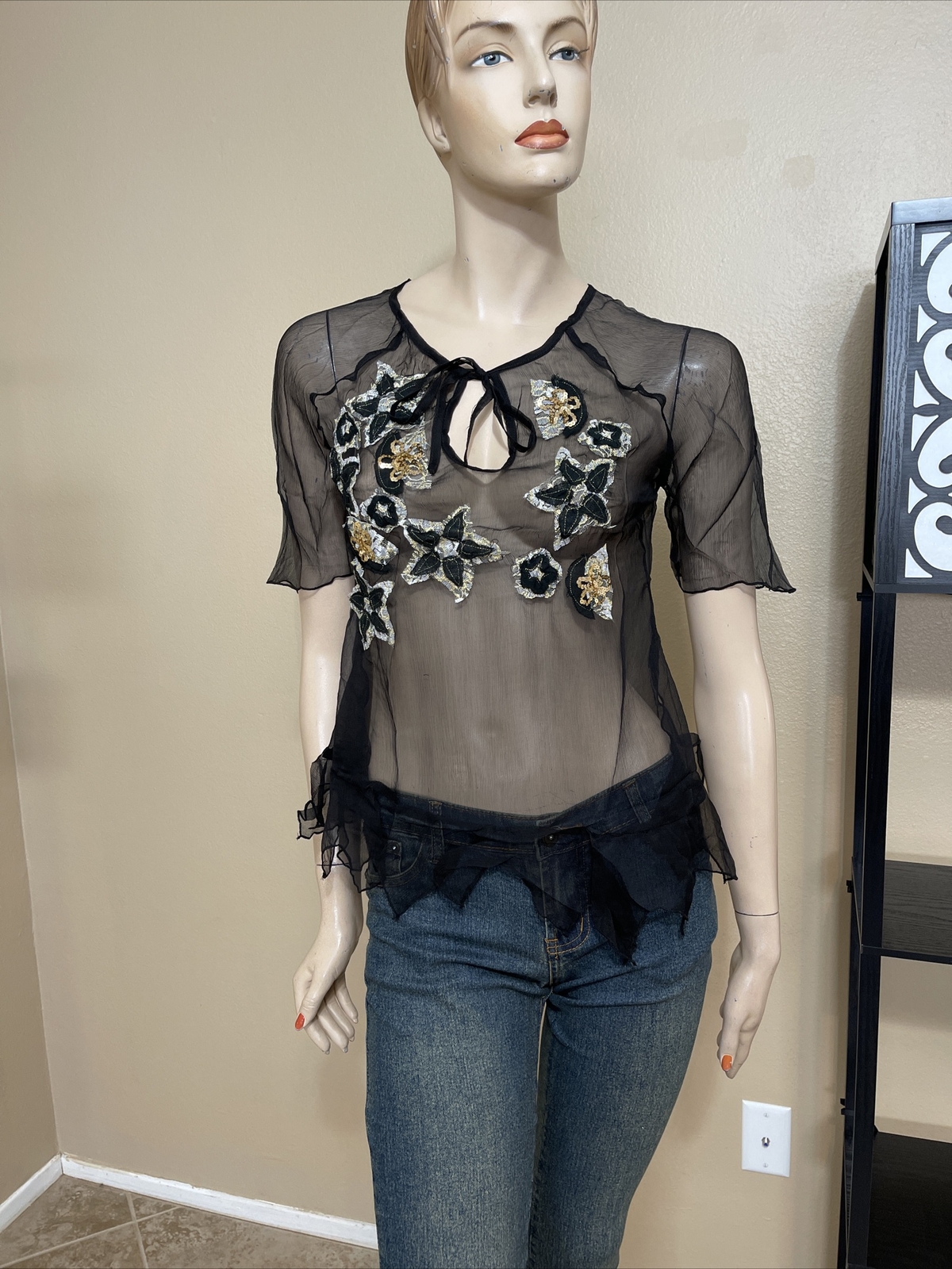 Women’s Black Silk Casual Summer Sheer Beaded Embroidered Lace Size M Blouse Top