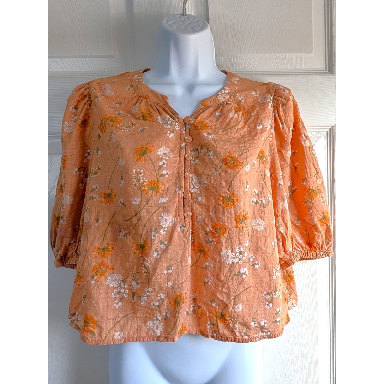 a.n.a Peach Floral Button-Up Puff Sleeve Blouse