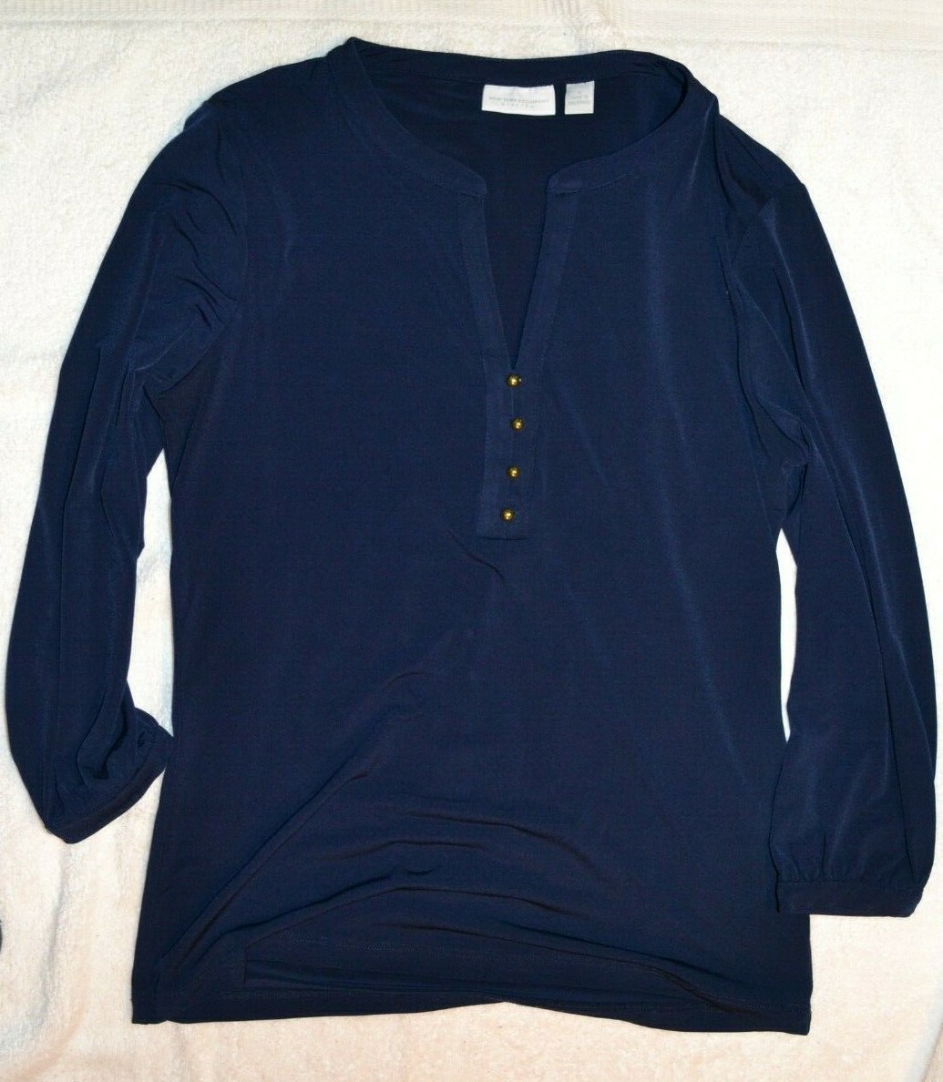 New York company STRETCH blouse Size S Navy Blue Gold buttons
