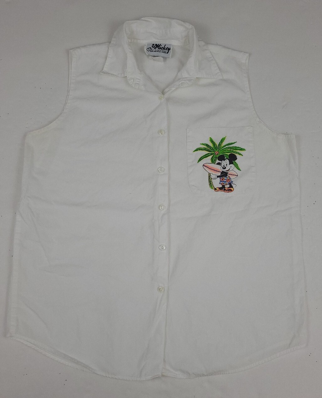 Vintage 80s Mickey Mouse Surf Beach Sleeveless Shirt Vtg USA Disney Cartoon