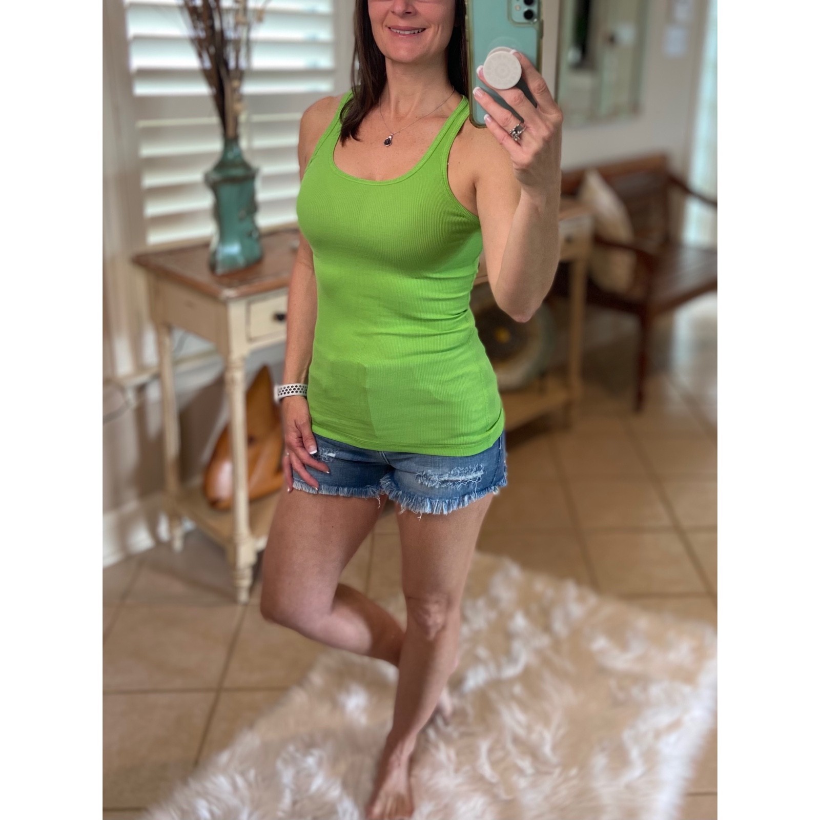 Ribbed Tank Top Womens M Lime Green Scoop Boy Beater Racerback Cleavage Fitted