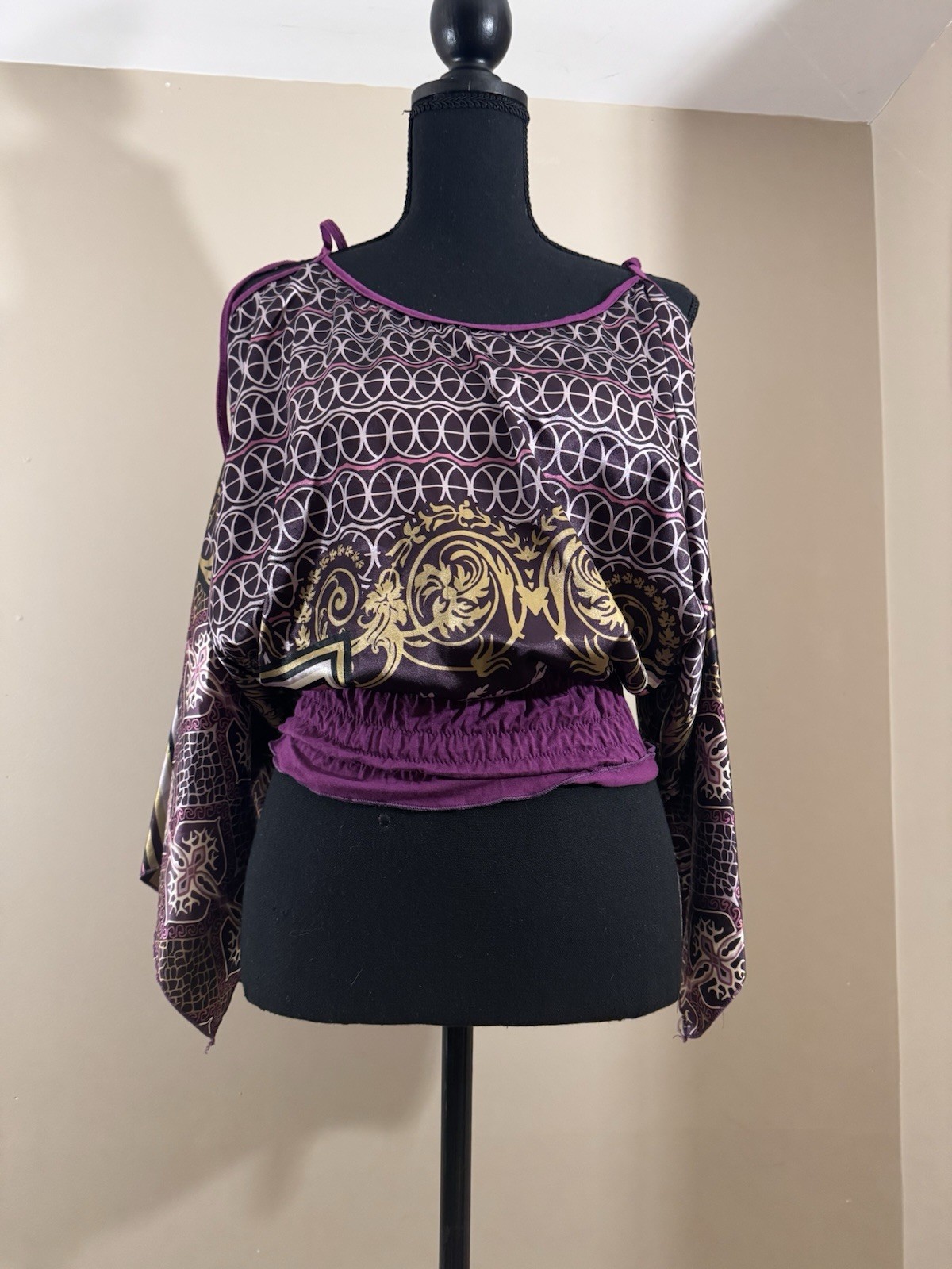 Beautiful One Of A Kind Asian Style Silk Purple Print Tunic Blouse Size S