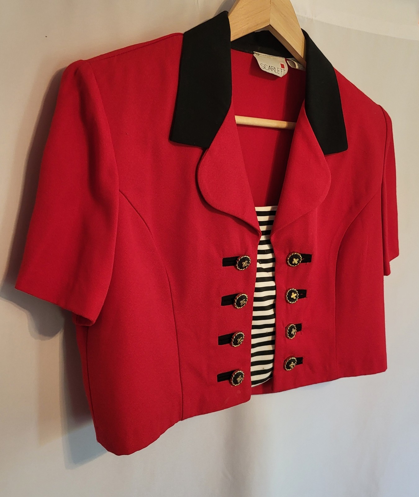 ☆Vintage 80s☆ Womens Bolero Top Red/Black Cropped Buttons M-L Mob Wife