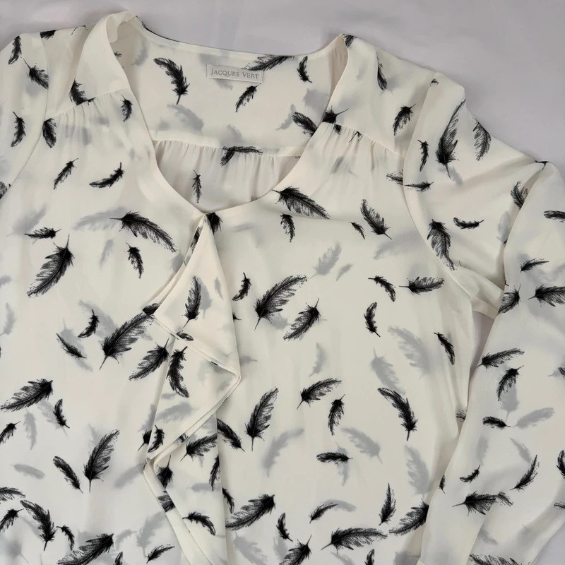 Jacques Vert Blouse UK 14 White Black Feather Print Long Sleeve V Neck