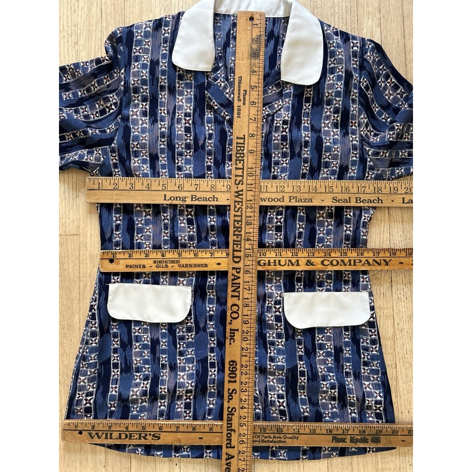 70s Mod Blouse Blue White Gold Buttons Size M Shirt