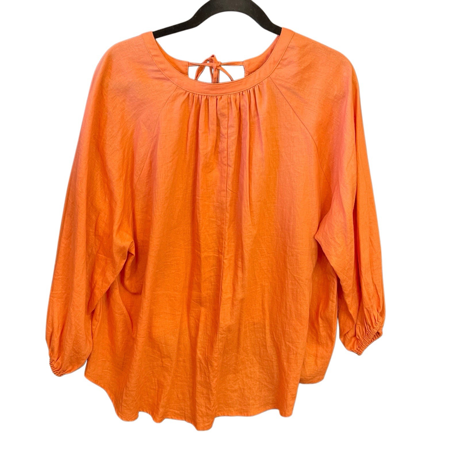 A New Day Hi Lo Orange Solid Tie Round Neck Woven Linen/Rayon Blouse Women M