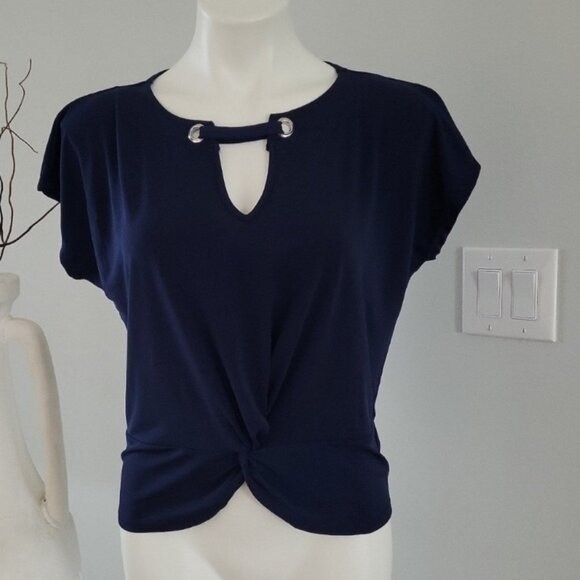Espresso Los Angeles Navy Blue Twist Front Keyhole Grommet Blouse Top NWT