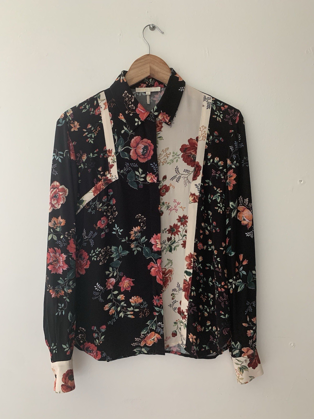 Maje Ciller Patchwork Floral Blouse Button Down sz 1 Small Boho Artsy Romantic