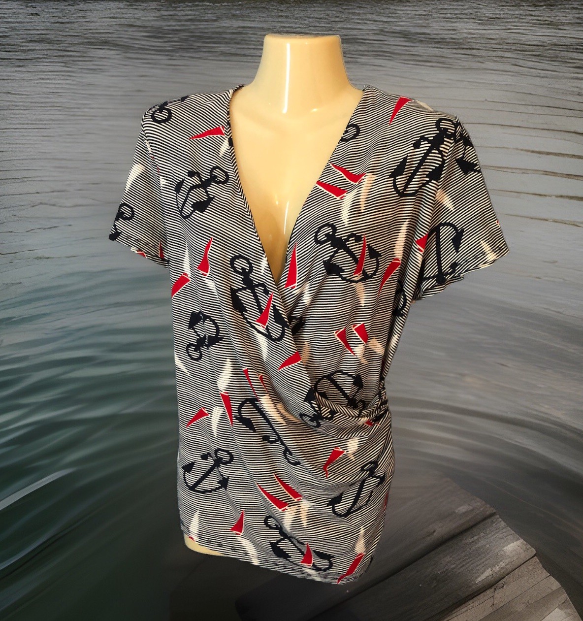 Faux Wrap Top Sz X (14-16) Blue Red Anchor Sailboat Print Plunging V-Neck Shirt