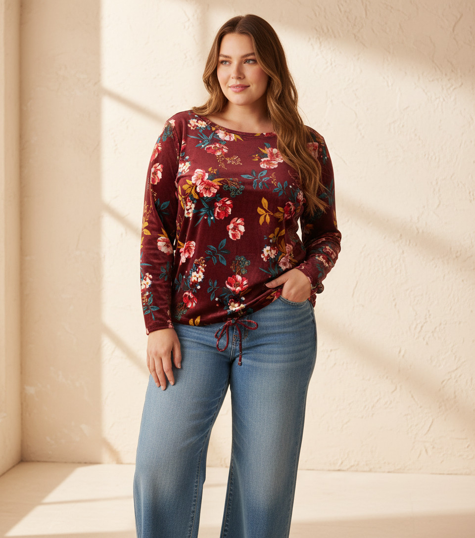 NEW Loft Top Burgundy Floral Velour Velvet Boho Cottage Comfy Indie Sz 20 22W