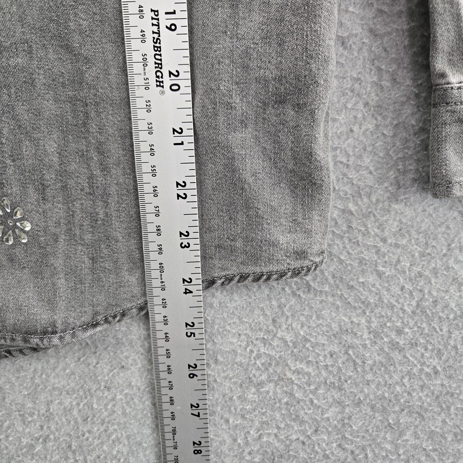 Seven7 Women Button Up Shirt L Gray Denim Embroidered Collared Front NWT