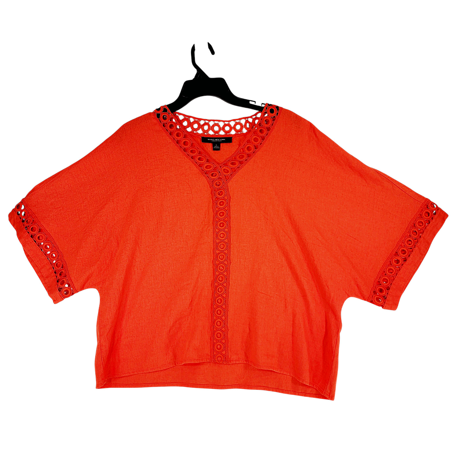Marc New York Linen Crop Top L Womens Orangr Boxy Eyelet Lagenlook Nat Wings NEW