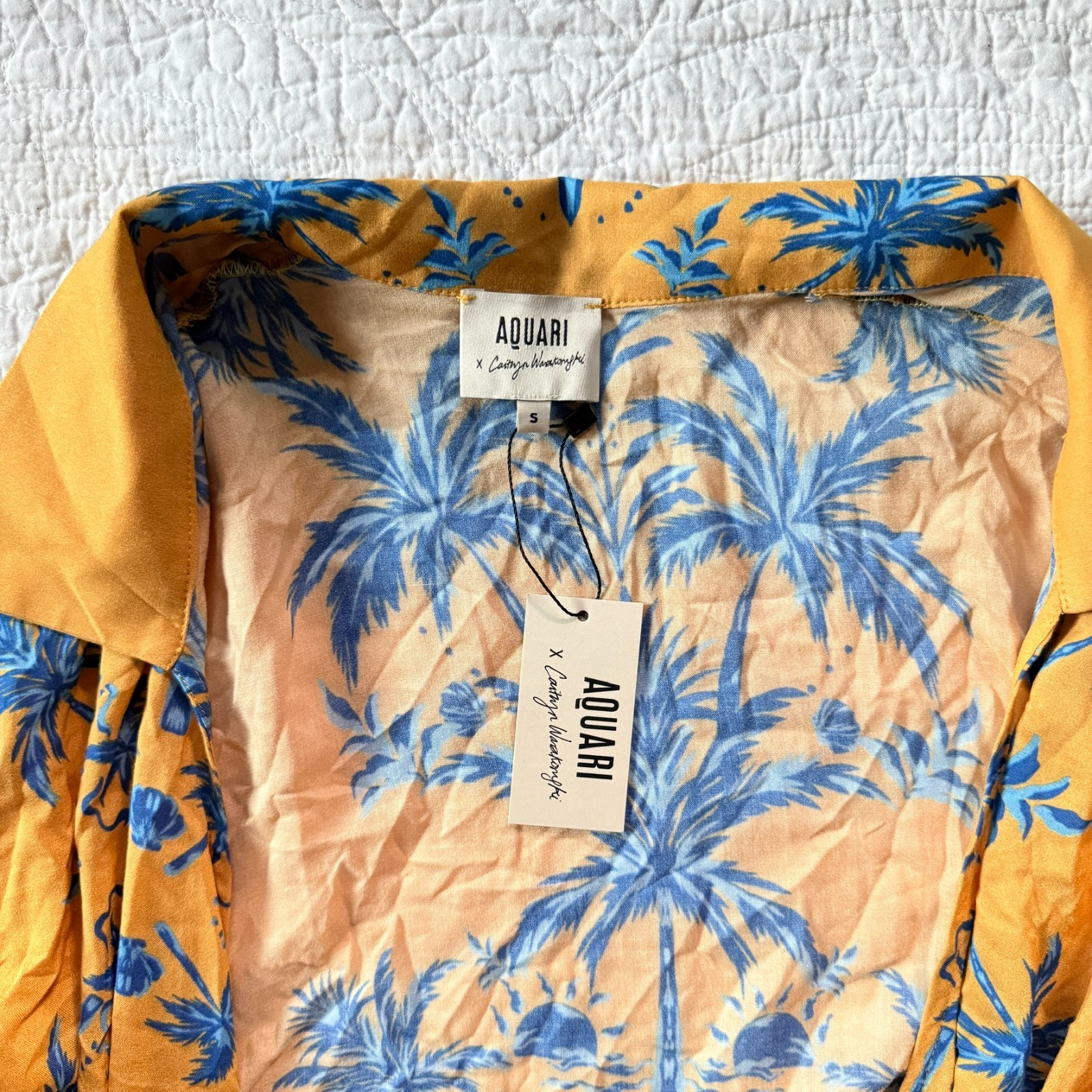 $198 NWT Aquari Yellow Blue Palm Tree Robe Wrap Dress Size S Boho Resort Wear