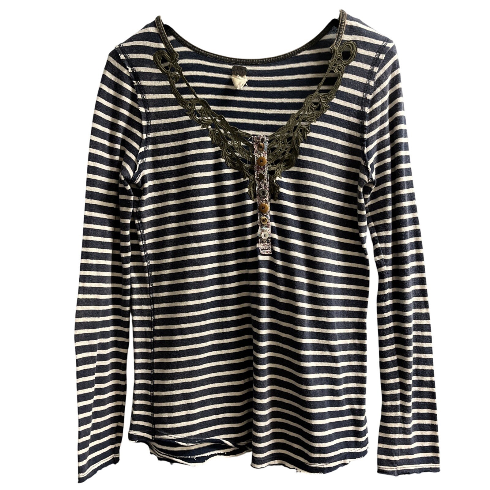 Free People Y2K Top Women L Blue Stripped Fitted Embroidered V Neck Boho Hippie