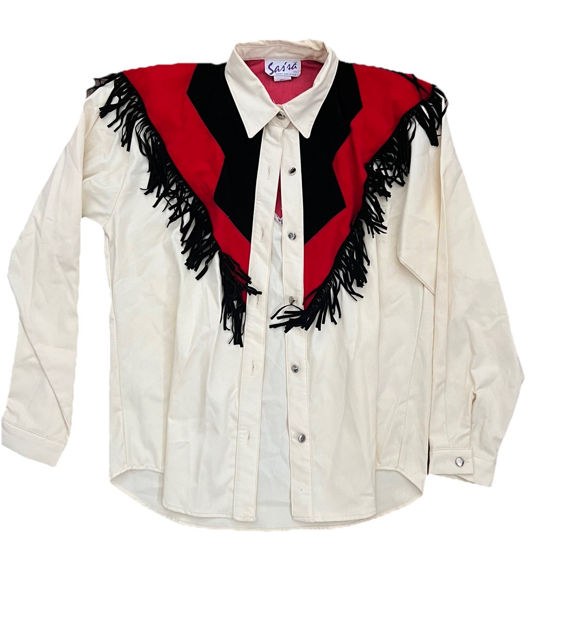 Vintage 80s 90s Sassa Womens Western Fringe Cowgirl Red Button Up Shirt L