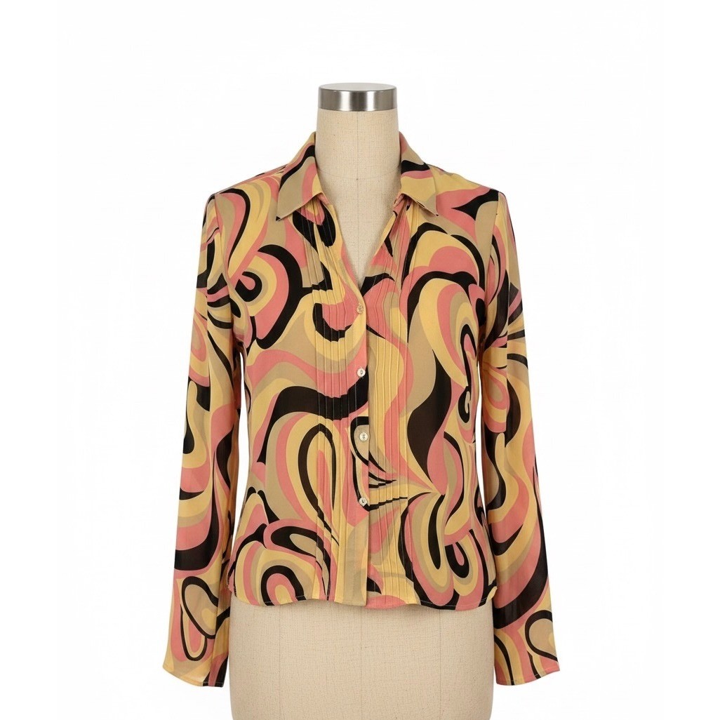 Grace Dane Lewis Silk Blouse Psychedelic Swirl Print Pink Yellow Size 8