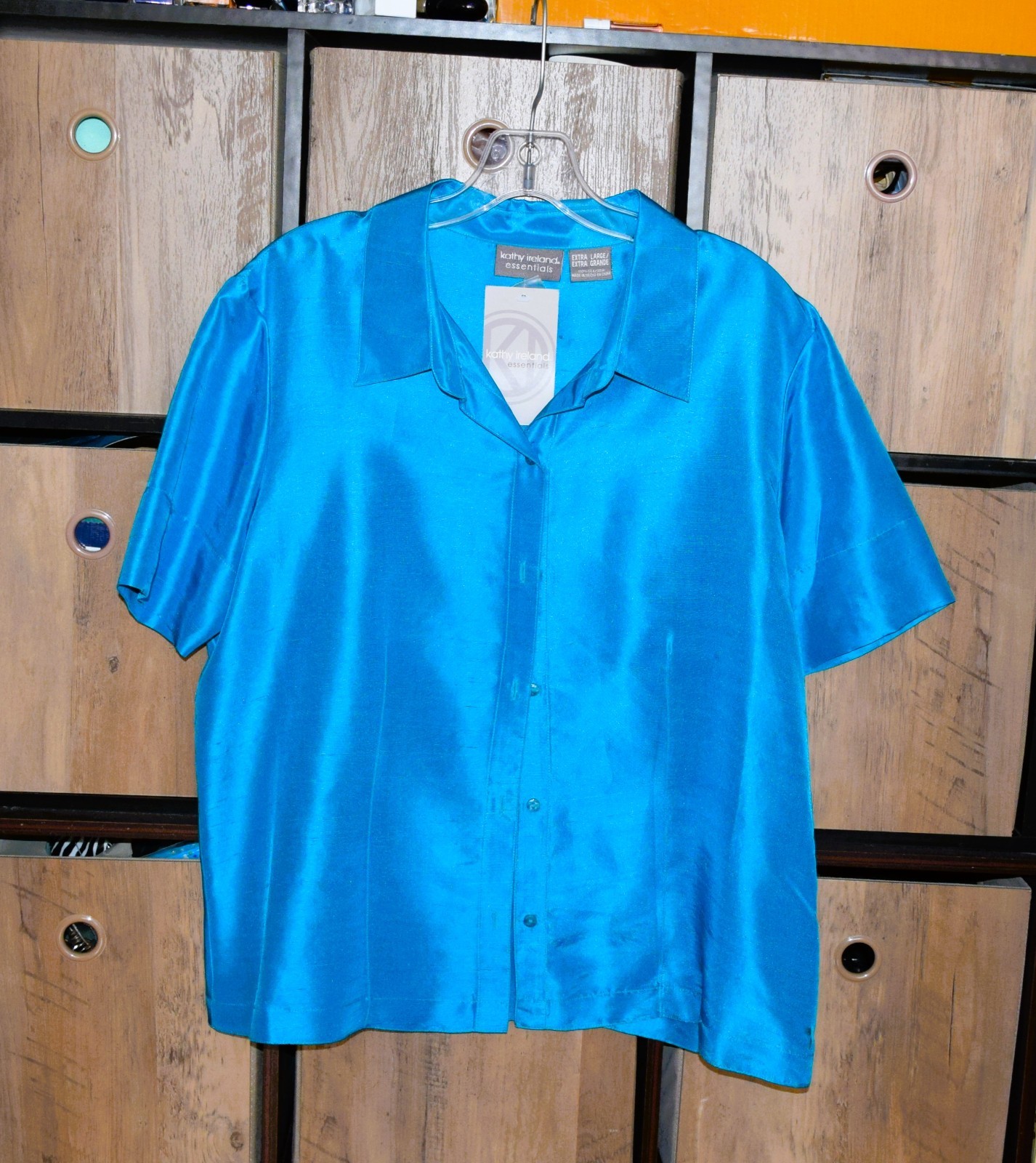 Kathy Ireland Essentials Silk Dupion Shirt XL Emerald Blue Short Sleeve Blouse
