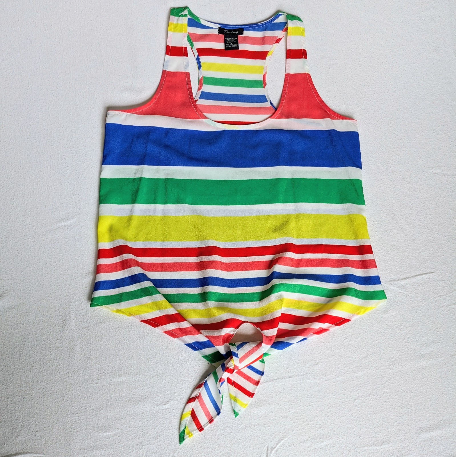 Timing Women’s Medium Chiffon Horizontal Striped Rainbow Racerback Tank Tie up