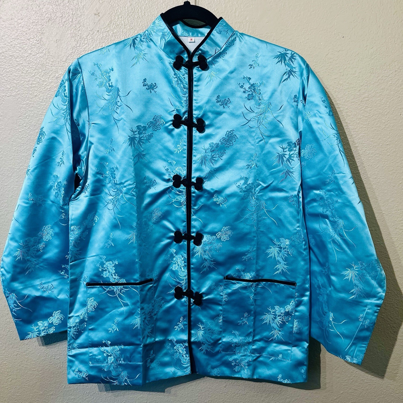 NWOT Asian Traditional Floral Satin Jacket Mandarin Collar Lined Aqua Black Sz S