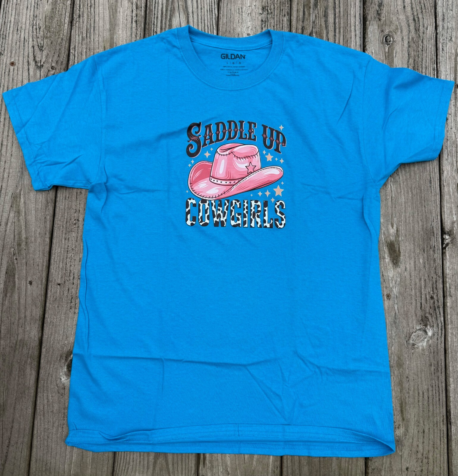 New blue Saddle Up Cowgirls Western Cowboy Hat Cow Print Graphic T-Shirt