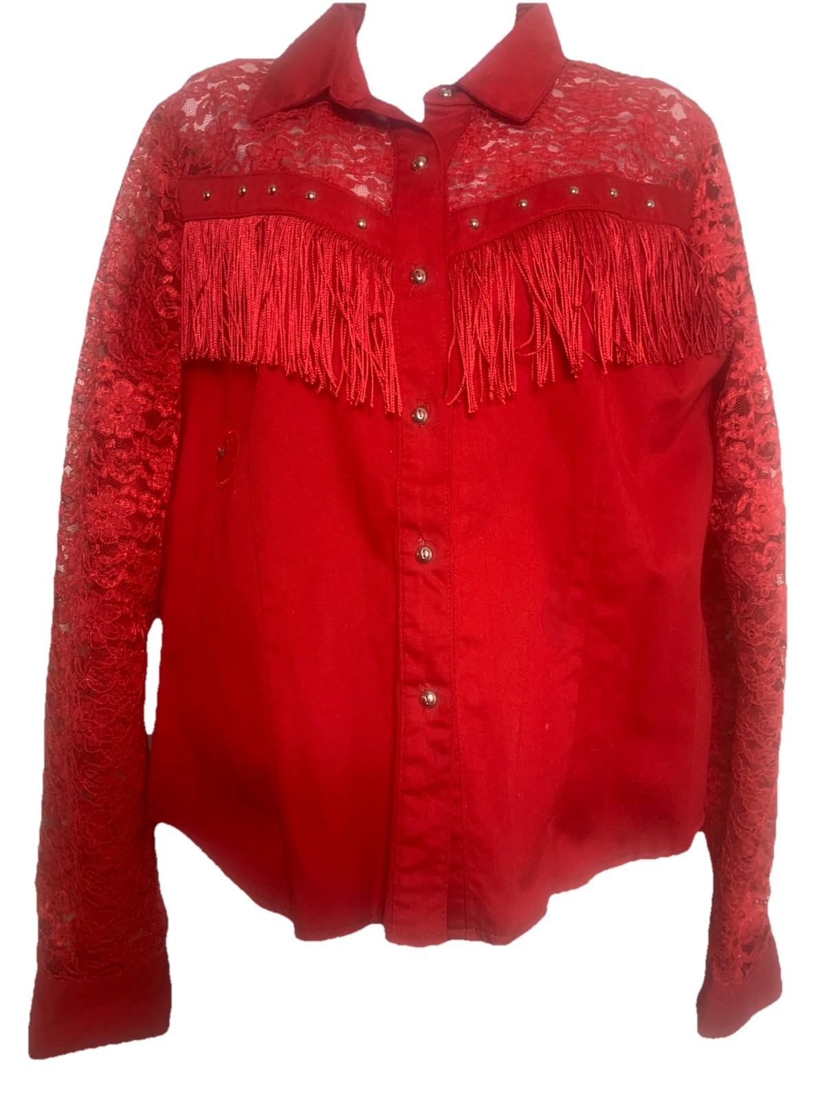 Banjo Western Christmas Top Sz M Red Lace Long Sleeves & Bodice Fringe Cowgirl