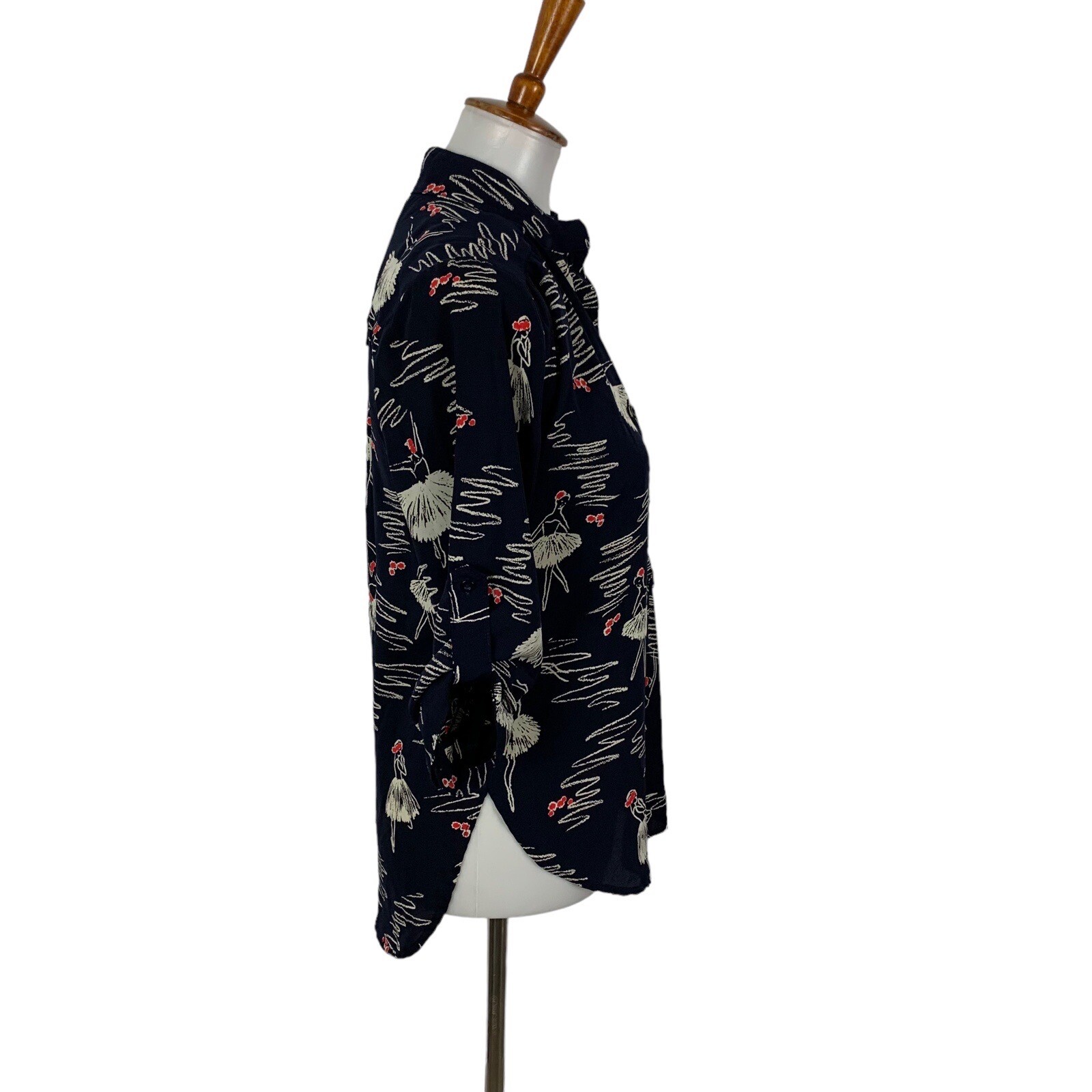 Cals Blouse XS Navy Floral 34 Sleeve Button Down Lightweight Boho Chic