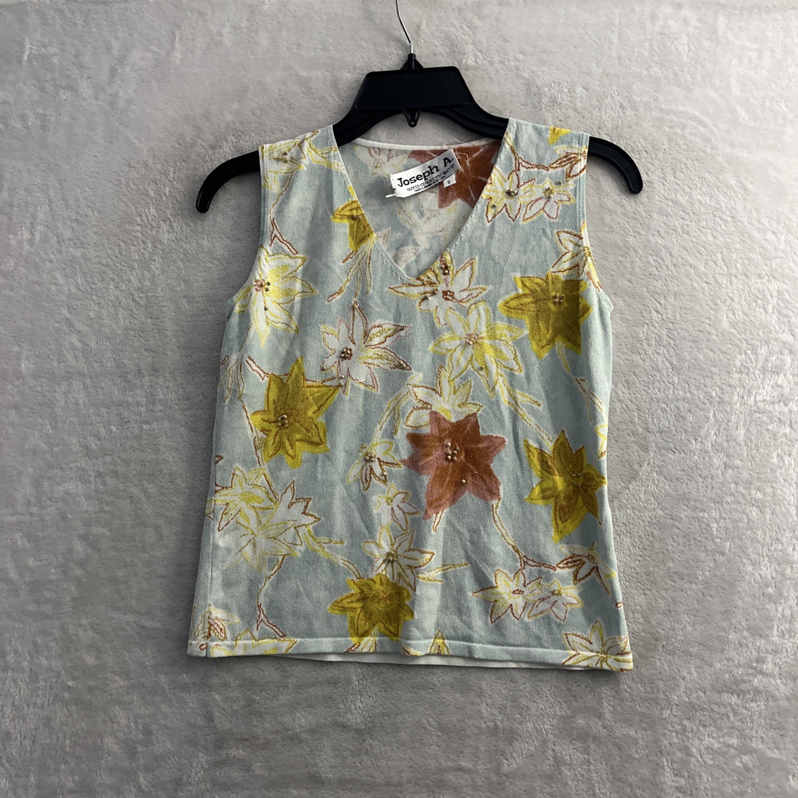 Joseph A Womans Blouse Top Blue Floral Small Cotton Blend Bead Sleeveless V Neck