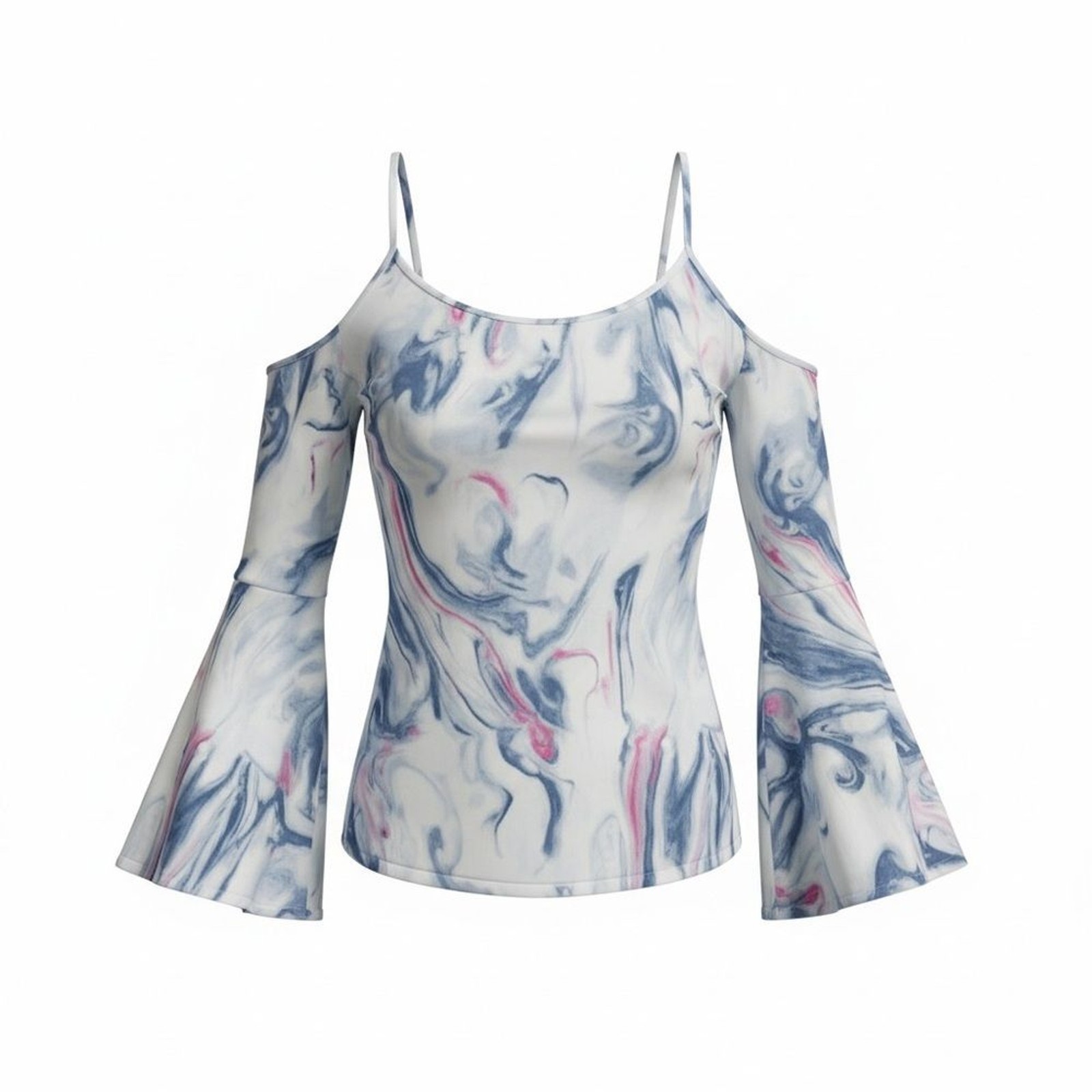 Hollister Marble Print Cold Shoulder Bell Sleeve Top Size Medium Blue Pink White