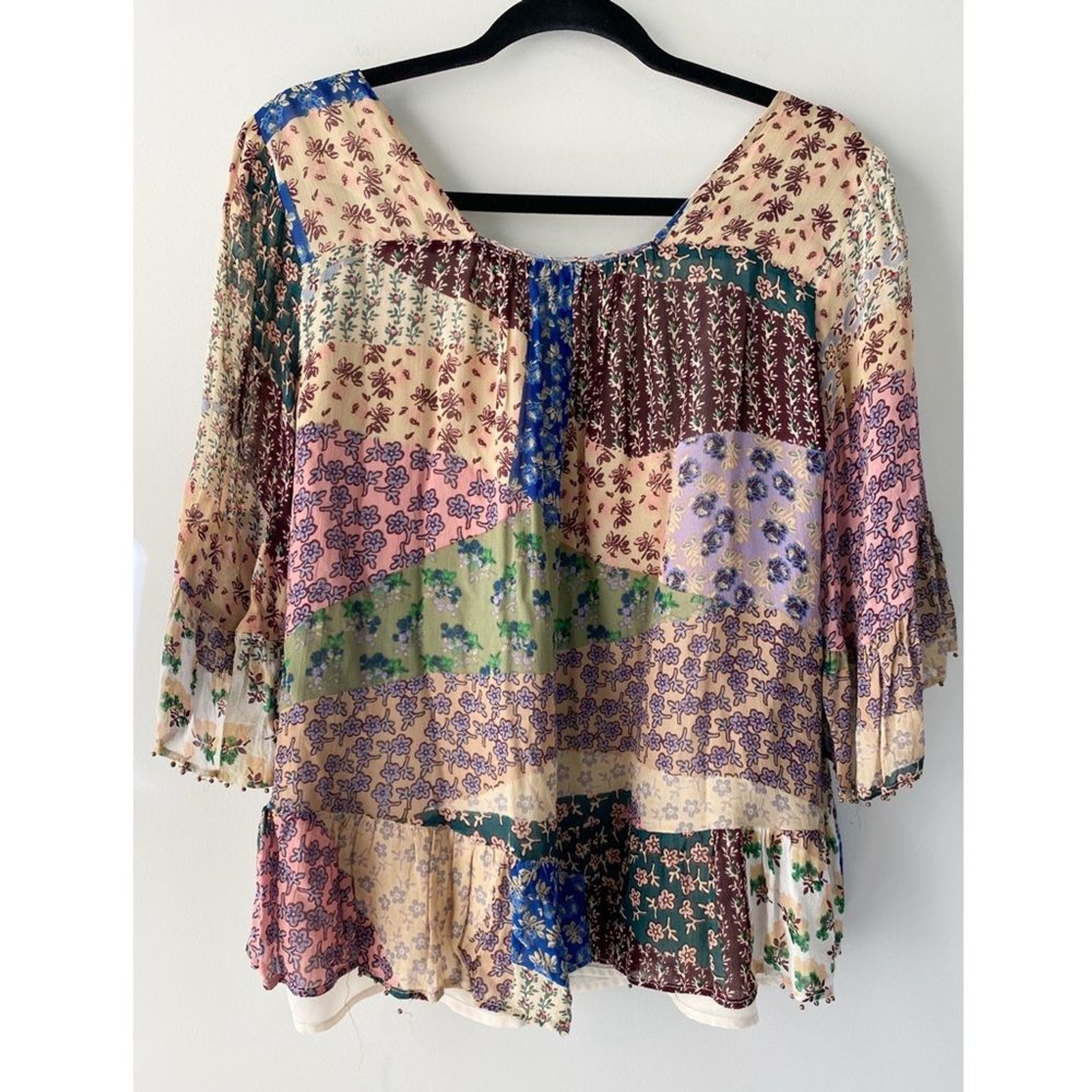 Anthropologie Floreat Patchwork Chiffon Blouse M Flare Sleeves Fairy Floral Boho