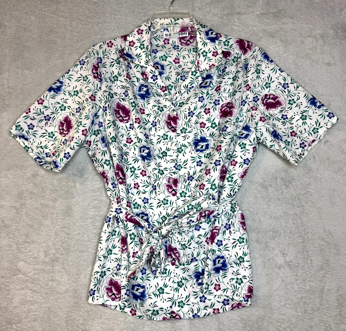 Vintage Caribou Women’s Floral Button Shirt Pink Blue Flowers Sash Made In USA