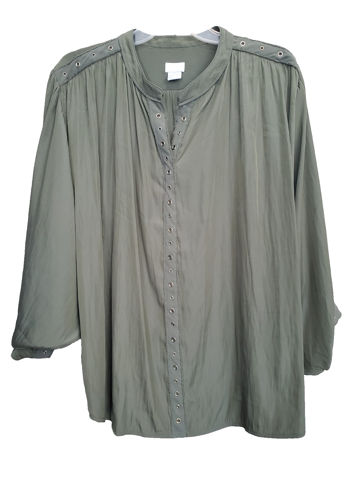 Chico’s Olive Green Silky Ring Trim Blouse Size 4 (XXL)