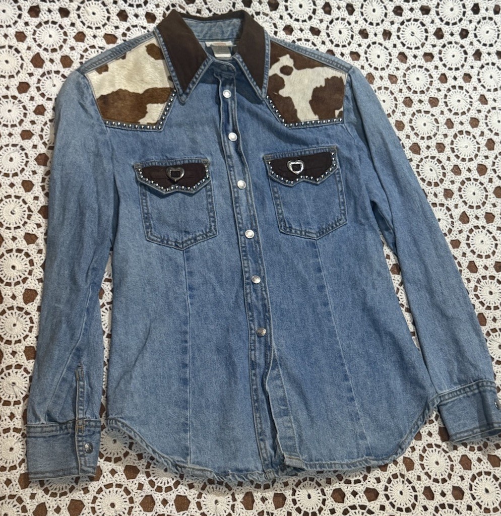 Vtg 80s 90s Streets Ahead denim western Cowhide embellished rodeo Shirt Small