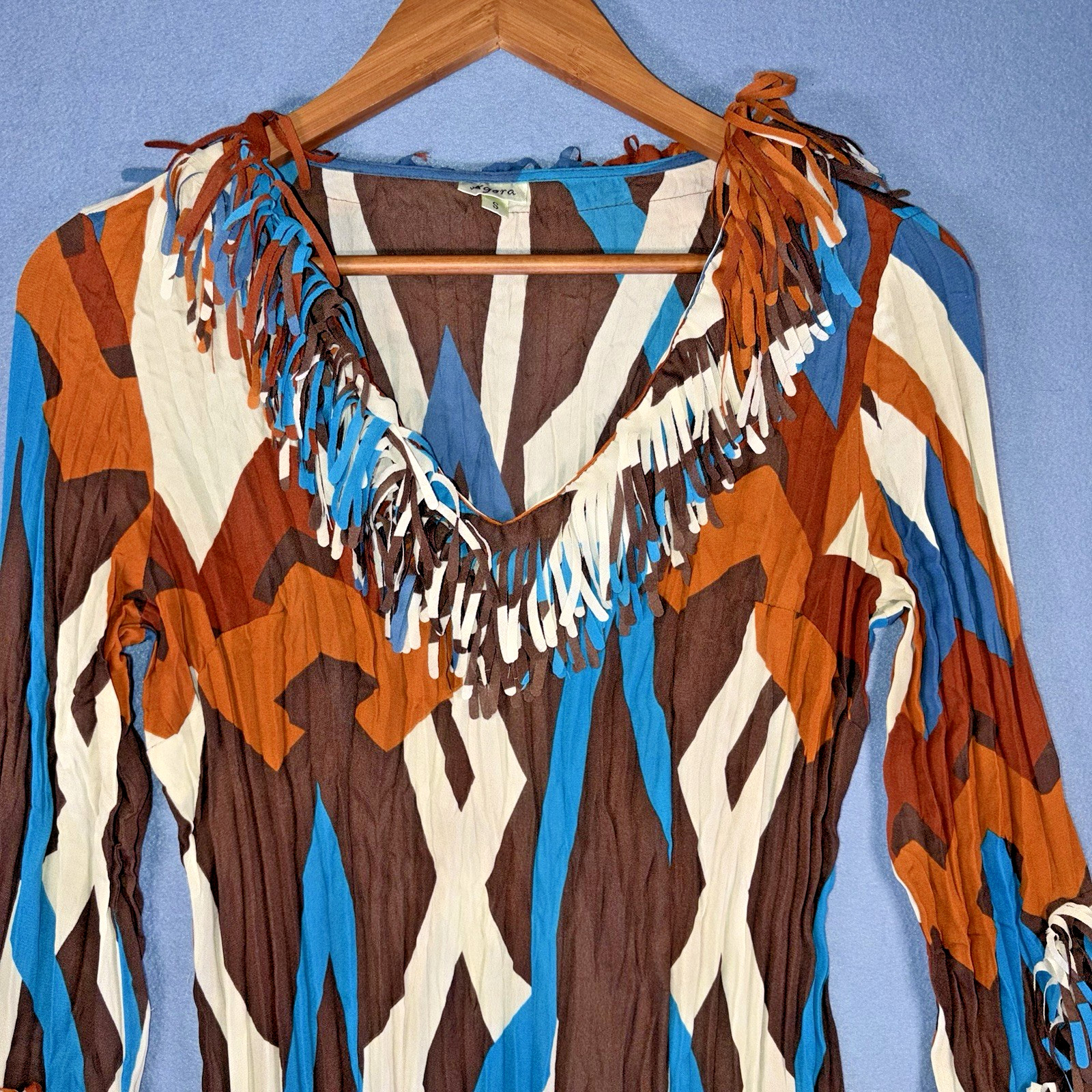 Agora Boho Fringe Top Womens Small Geometric Print Western Festival Y2K Blouse