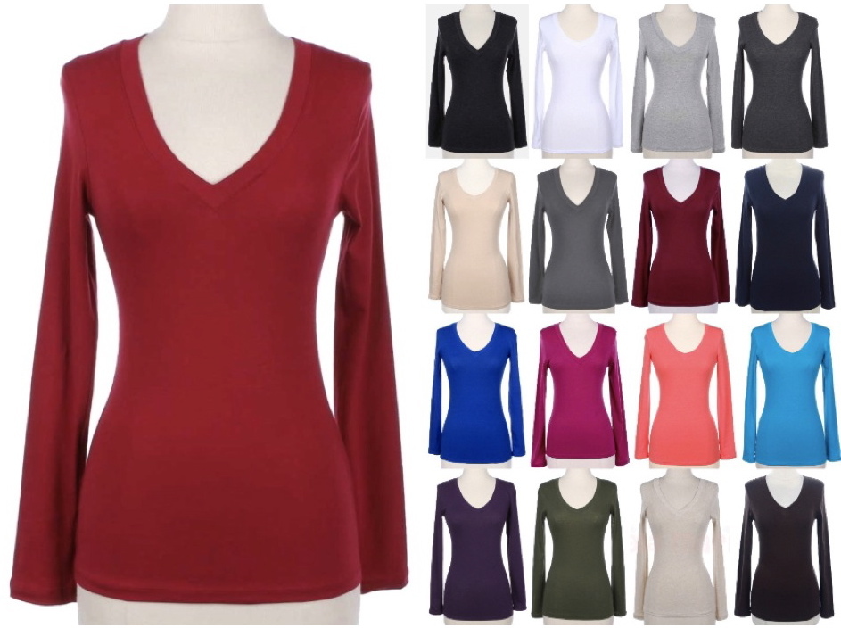 NEW Plus Size Basic Cotton Stretch V Neck Long Sleeve T Shirt Top-L/XL/1X-2X-3X