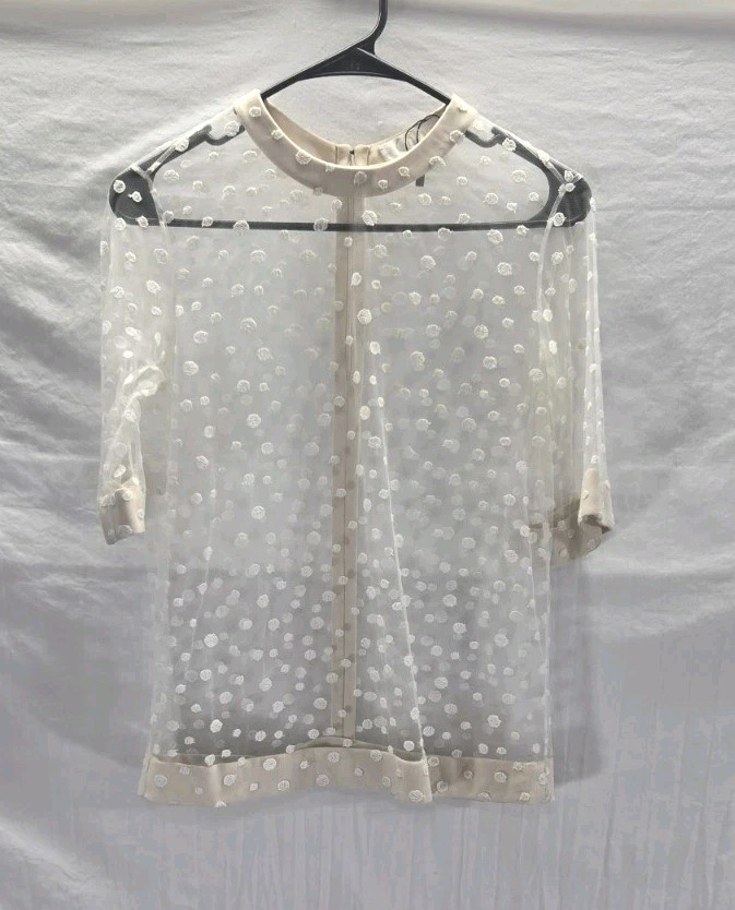 CHLOE Women’s 36 US 4 Beige Sheer Dot Print Long Sleeve Rear Zip