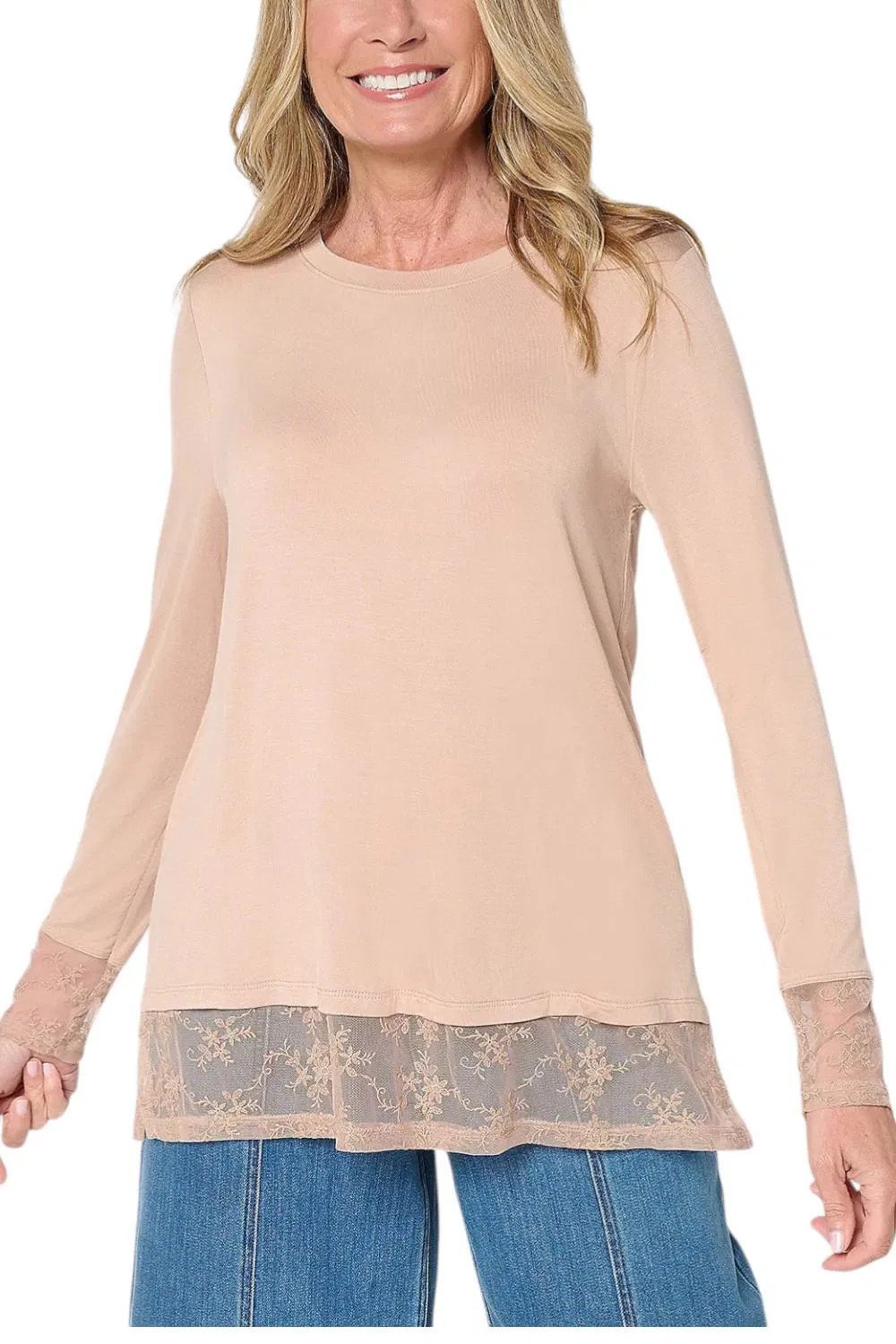 LOGO Layers by Lori Goldstein Women’s Long Slv Lace Trim Top Taupe