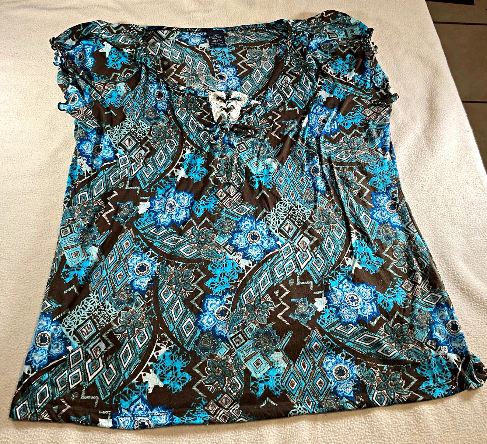Faded Glory Women’s Plus 3X/4XG (22W-24W) Blue/Brown Geometric Knit Top